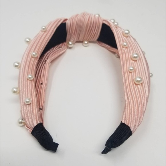 Blush Pearl Knot Pleated Silk Headband Crown Headpiece - Picture 5 of 9